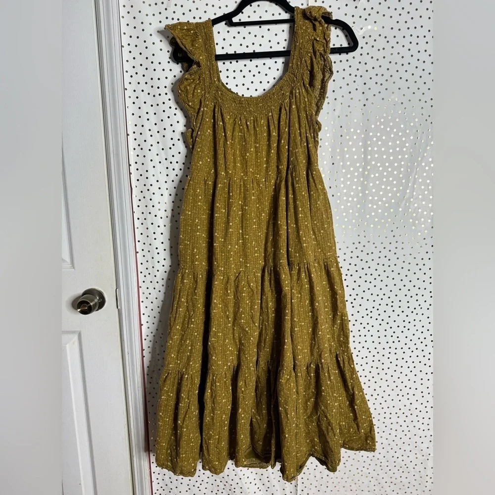 Madewell Ruffle Sleeve Tiered Midi Dress Daisy Stitch Olive